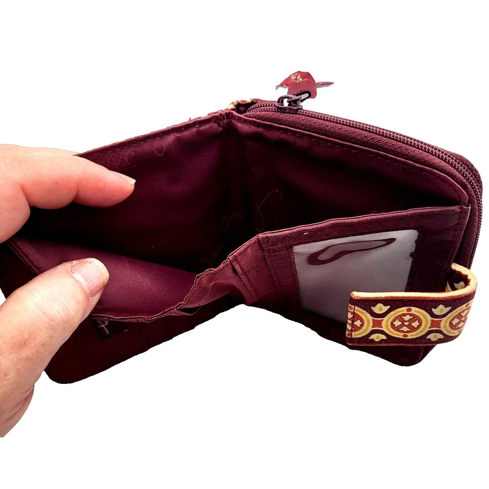 Vera Bradley Bifold Mini Zip Wallet Burgundy Gold Floral Medallions - Picture 3 of 8
